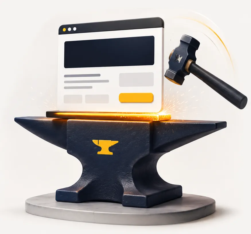 Forged steel anvil with a WordPress website window and blacksmith hammer